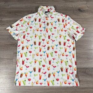 Sunday Swagger Men's‎ Polo Shirt Cocktail Novelty Print Golf Performance L White